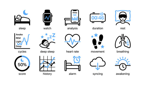 Icons of sleep tracking and health metrics arranged in grid
