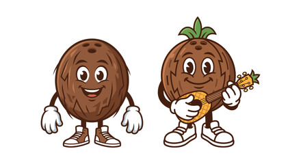 Fototapeta premium Happy Cartoon Coconut Characters Playing Ukulele Vector Illustration