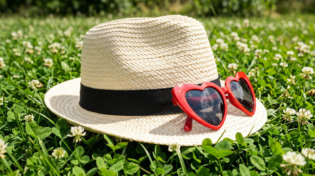 Straw fedora hat with red heart-shaped sunglasses, representing romantic vacation, travel and weekend leisure on blooming field with copy space