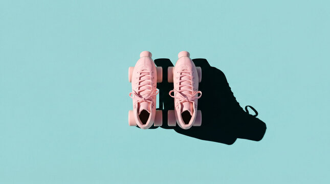 Pair of pastel pink quad roller skates in minimalist studio style, turquoise blue background, representing retro sport equipment and vibrant leisure trend with copy space