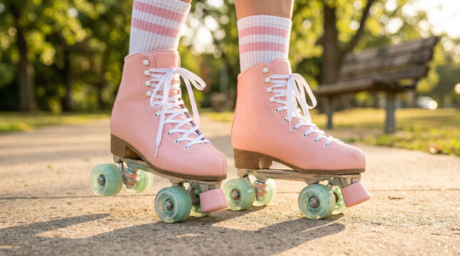 Retro peach colored quad roller skates on feet in striped socks representing active urban recreation on city park path