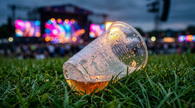 Discarded plastic cup with drink on grass representing environmental pollution and waste at music festival against blurred concert lights