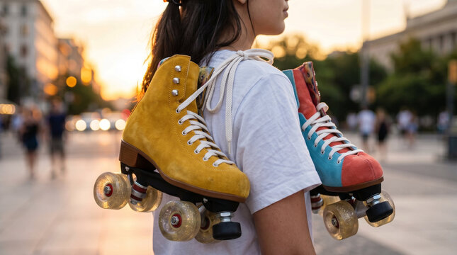 Vintage quad roller skates hanging over shoulder in casual realistic style, mustard yellow, sky blue and coral orange, representing active urban leisure and retro street style