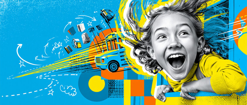 Ecstatic shouting girl looking out of a school bus window with hair flying and books scattering on a blue background