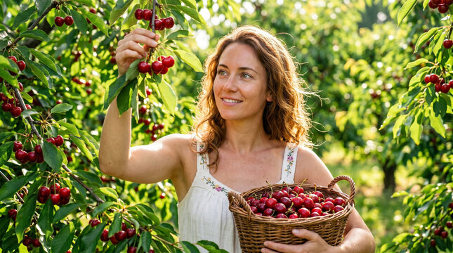 Radiant female gardener with serene joyful mood gathering fresh sweet cherries into rustic wicker basket against sun-drenched orchard foliage background