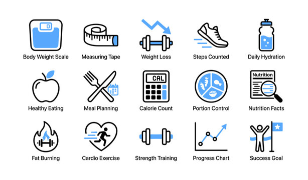 Fitness and nutrition icons showing tracking tools and goals