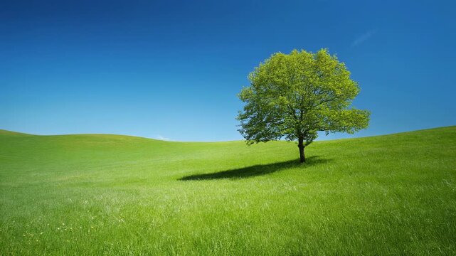 Solitary Green Tree on Rolling Grass Hill 4K Generative AI