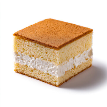 Square slice of sponge cake with whipped cream filling isolated on a white background. Soft fluffy castella or layer biscuit pastry dessert, sweet bakery product close-up