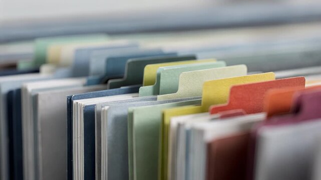 Closeup view of securities folders arranged with multiple colored tabs creating a depth effect as the background softly fades into a blur.