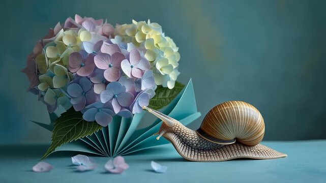 Snail and Colorful Hydrangea Flower Arrangement 4K Generative AI