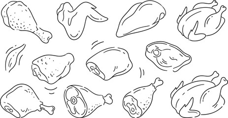 Obraz premium Raw Chicken Meat Cuts Line Art Icon Set Featuring Whole Poultry Breast Drumstick Wing and Thigh for Butcher Shop Menu Designs