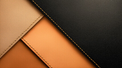 Fototapeta premium Abstract leather texture background with stitched seams. Genuine material sheets in black, brown and beige colors for luxury fashion design or upholstery concept