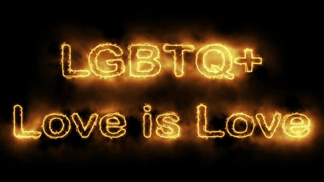 LGBTQ+ Love Is Love Fiery Golden Text In Flaming Neon Letters On Black Background