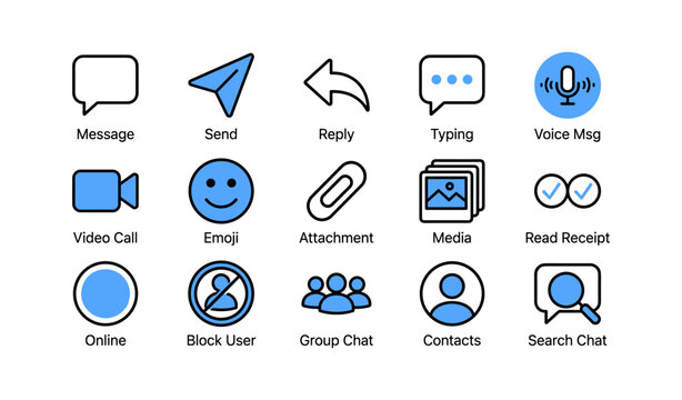 Messaging and chat icons arranged in labeled grid on white background