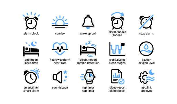 Sleep and alarm icons showing tracking features on white background