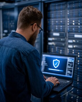 IT technician restoring network equipment with cybersecurity shield on laptop in server room
