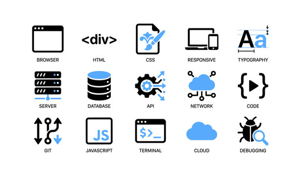 Web development and infrastructure icons for coding and deployment