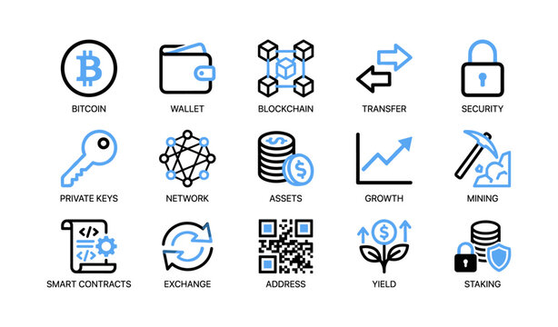 Cryptocurrency and blockchain icons arranged on white background