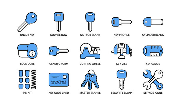 Key blanks and locksmith tool icons displayed in rows on white