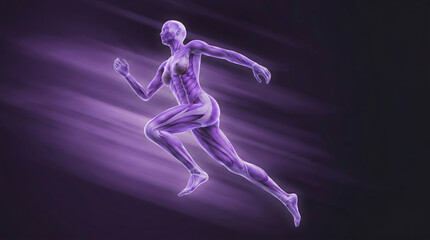 Naklejka premium Muscular anatomy figure running fast with purple muscle tissue on dark motion blur background
