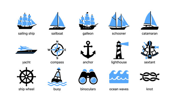 Various sailing vessels and maritime symbols on white background