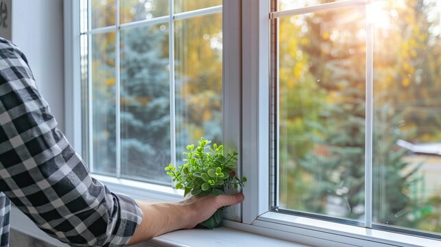 Professional window installation  worker using specialized tool for precision fitting and leveling