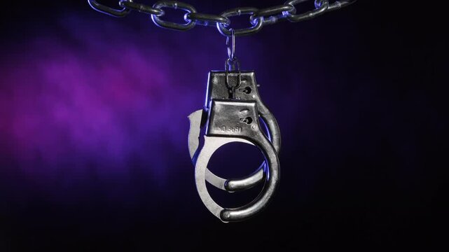 Handcuffs on chain with flashing light from police flasher on black background, concept of detention, arrest