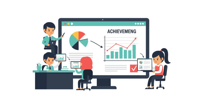 Collaborative business team analyzing data and charts on a large monitor, achieving success through strategic planning, digital marketing, and performance growth.