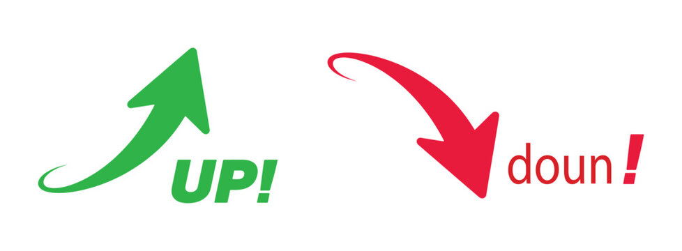 Up and Down Arrows: A visual representation of market trends or progress, featuring a vibrant green arrow pointing upwards labeled UP! and a dynamic red arrow curving downwards labeled down!.
