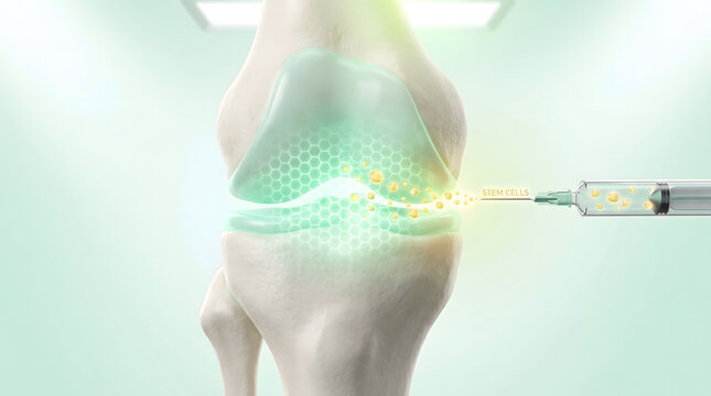 Stem cell injection into knee joint with syringe and glowing cartilage on light green background