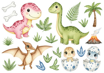 Naklejka premium whimsical baby dinosaur (t-rex, brontosaurus) watercolor illustrations, with tropical plants and footprints, isolated against a transparent background. concept for children's graphic assets