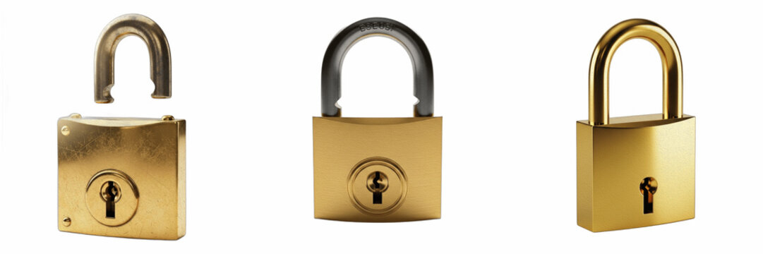 Isolated Golden Brass Security Padlock 3D Render Transparent Background Safety Protection Privacy Guard Privacy Lock Cyber Hardware System Emblem High Resolution Commercial Microstock Clip Art Design 