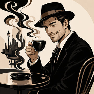 man in a hat drink caffee
