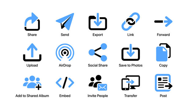 Sharing and transfer icons displaying share send export actions