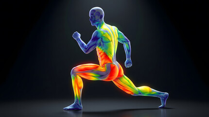 Obraz premium Running human figure with rainbow thermal muscle map showing heat energy and motion for sport science
