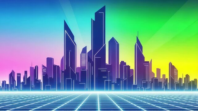 Abstract city skyline illustration with geometric grid and vibrant colors