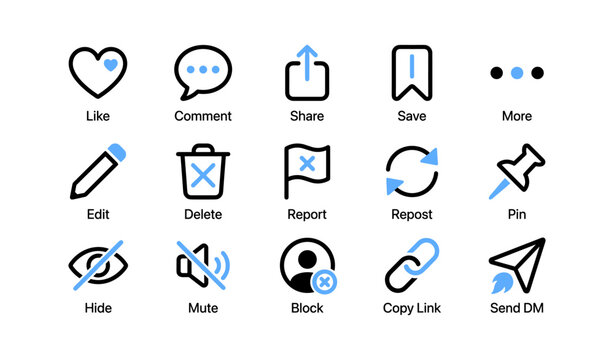 Social interaction icons for post actions and messaging interface