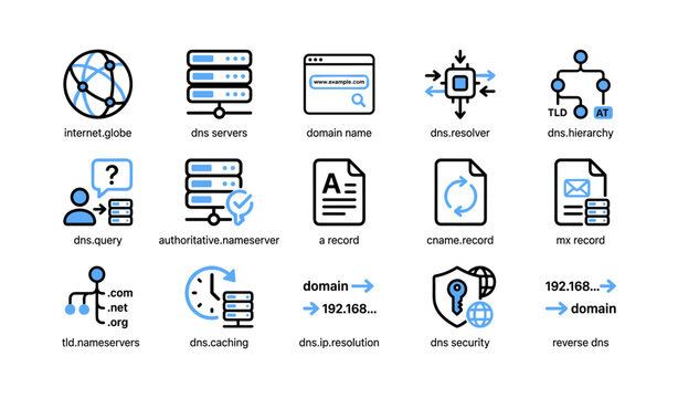 Dns icons illustrating records and resolution on white background