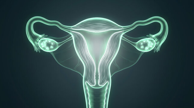 Female reproductive system anatomy with glowing uterus and ovaries showing fertility health for medical illustration