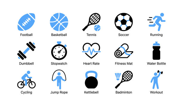 Sports and fitness icons showing equipment and activity on white