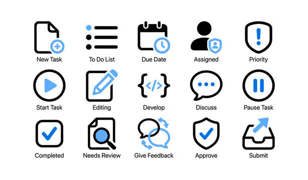 Grid of task management icons for new task editing review on white