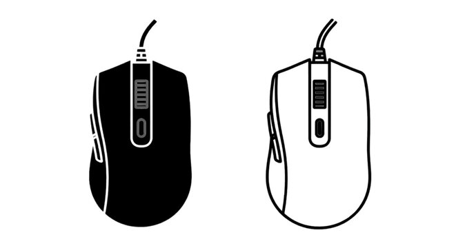 Vector illustration of computer mouse icon set, gaming mouse silhouette and outline vector on a transparent background