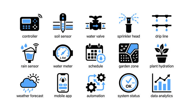 Irrigation system icons showing sensors valves and watering components