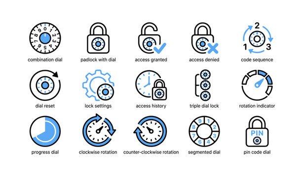 Lock and dial icons showing combination rotation on white background