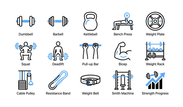 Weightlifting and gym equipment icons arranged on white background