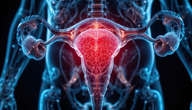 Human female reproductive system is highlighted in a glowing digital medical illustration.
