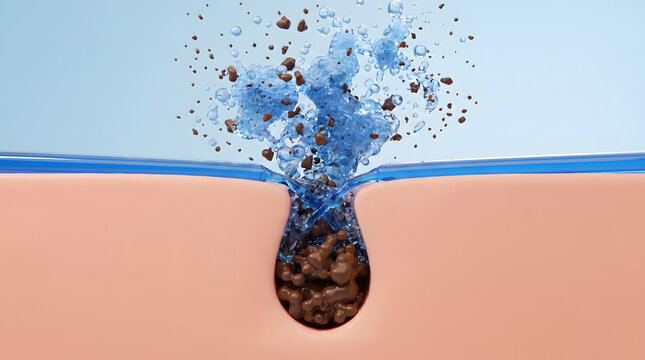 Blue cleansing liquid flushing dirt and impurity out of clogged skin pore
