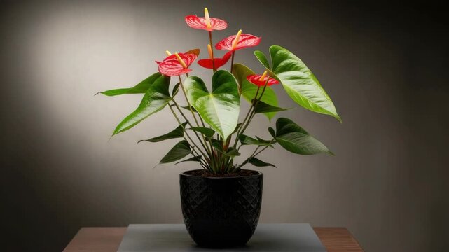 Anthurium plant with red flowers and green leaves in black pot