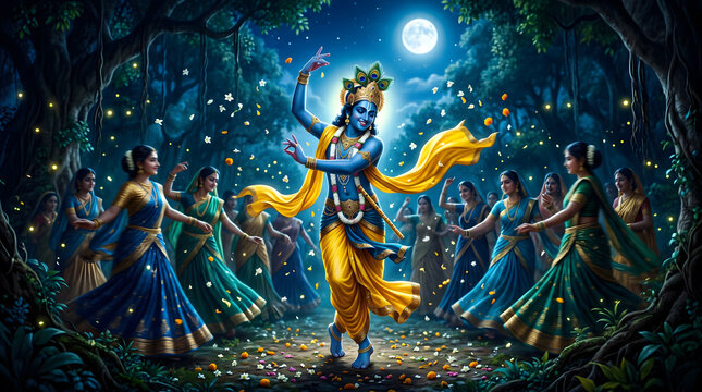 Krishna dancing with gopi woman in moonlit forest during raas leela celebration night