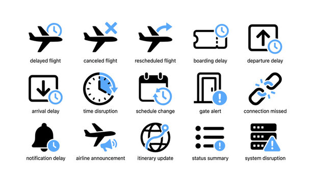Flight disruption icons indicating delays and alerts on grid